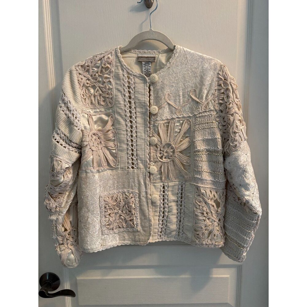 Coldwater Creek Vintage Cream Velvet & Crochet Patchwork Jacket